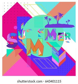Trendy vector summer cards illustration with memphis style typography and abstract elements. Design for poster, card, invitation, brochure, and promotion template. Fashion art print and background.
