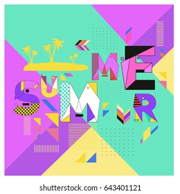 Trendy vector summer cards illustration with memphis style typography and abstract elements. Design for poster, card, invitation, brochure, and promotion template. Fashion art print and background.