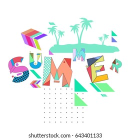Trendy vector summer cards illustration with memphis style typography and abstract elements. Design for poster, card, invitation, brochure, and promotion template. Fashion art print and background.