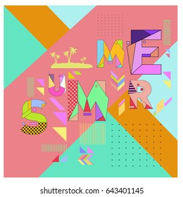 Trendy vector summer cards illustration with memphis style typography and abstract elements. Design for poster, card, invitation, brochure, and promotion template. Fashion art print and background.