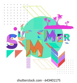 Trendy vector summer cards illustration with memphis style typography and abstract elements. Design for poster, card, invitation, brochure, and promotion template. Fashion art print and background.