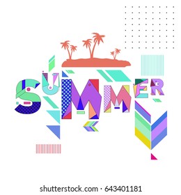 Trendy vector summer cards illustration with memphis style typography and abstract elements. Design for poster, card, invitation, brochure, and promotion template. Fashion art print and background.