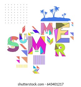 Trendy vector summer cards illustration with memphis style typography and abstract elements. Design for poster, card, invitation, brochure, and promotion template. Fashion art print and background.