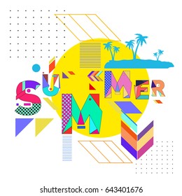 Trendy vector summer cards illustration with memphis style typography and abstract elements. Design for poster, card, invitation, brochure, and promotion template. Fashion art print and background.