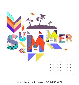 Trendy vector summer cards illustration with memphis style typography and abstract elements. Design for poster, card, invitation, brochure, and promotion template. Fashion art print and background.