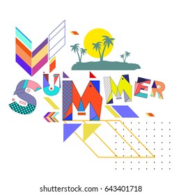 Trendy vector summer cards illustration with memphis style typography and abstract elements. Design for poster, card, invitation, brochure, and promotion template. Fashion art print and background.