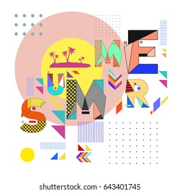 Trendy vector summer cards illustration with memphis style typography and abstract elements. Design for poster, card, invitation, brochure, and promotion template. Fashion art print and background.
