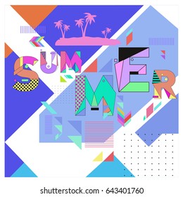 Trendy vector summer cards illustration with memphis style typography and abstract elements. Design for poster, card, invitation, brochure, and promotion template. Fashion art print and background.