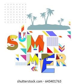 Trendy vector summer cards illustration with memphis style typography and abstract elements. Design for poster, card, invitation, brochure, and promotion template. Fashion art print and background.