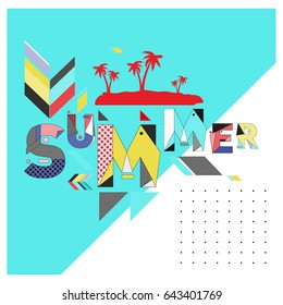 Trendy vector summer cards illustration with memphis style typography and abstract elements. Design for poster, card, invitation, brochure, and promotion template. Fashion art print and background.