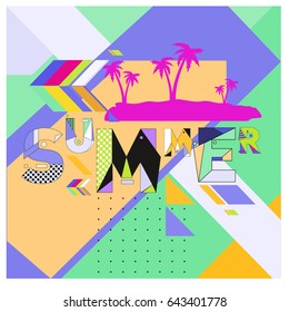 Trendy vector summer cards illustration with memphis style typography and abstract elements. Design for poster, card, invitation, brochure, and promotion template. Fashion art print and background.