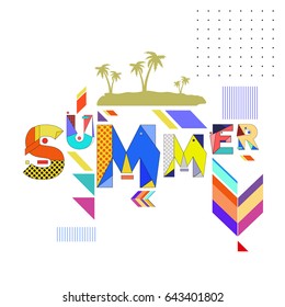 Trendy vector summer cards illustration with memphis style typography and abstract elements. Design for poster, card, invitation, brochure, and promotion template. Fashion art print and background.