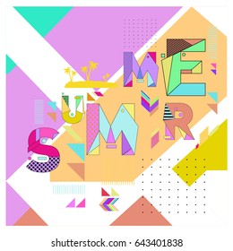 Trendy vector summer cards illustration with memphis style typography and abstract elements. Design for poster, card, invitation, brochure, and promotion template. Fashion art print and background.