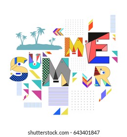 Trendy vector summer cards illustration with memphis style typography and abstract elements. Design for poster, card, invitation, brochure, and promotion template. Fashion art print and background.