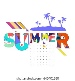 Trendy vector summer cards illustration with memphis style typography and abstract elements. Design for poster, card, invitation, brochure, and promotion template. Fashion art print and background.
