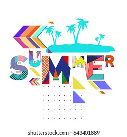 Trendy vector summer cards illustration with memphis style typography and abstract elements. Design for poster, card, invitation, brochure, and promotion template. Fashion art print and background.