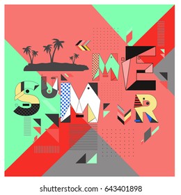 Trendy vector summer cards illustration with memphis style typography and abstract elements. Design for poster, card, invitation, brochure, and promotion template. Fashion art print and background.