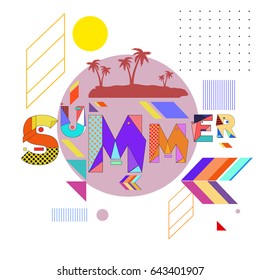 Trendy vector summer cards illustration with memphis style typography and abstract elements. Design for poster, card, invitation, brochure, and promotion template. Fashion art print and background.