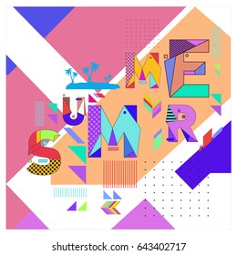 Trendy vector summer cards illustration with memphis style typography and abstract elements. Design for poster, card, invitation, brochure, and promotion template. Fashion art print and background.