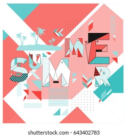Trendy vector summer cards illustration with memphis style typography and abstract elements. Design for poster, card, invitation, brochure, and promotion template. Fashion art print and background.
