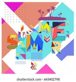 Trendy vector summer cards illustration with memphis style typography and abstract elements. Design for poster, card, invitation, brochure, and promotion template. Fashion art print and background.