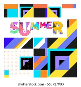 Trendy vector summer cards illustration with elements and abstract colorful textures. Design for holiday vacation poster, card, brochure, and promotion template. Fashion art print and background.