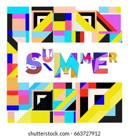 Trendy vector summer cards illustration with elements and abstract colorful textures. Design for holiday vacation poster, card, brochure, and promotion template. Fashion art print and background.
