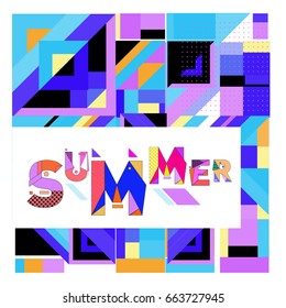 Trendy vector summer cards illustration with elements and abstract colorful textures. Design for holiday vacation poster, card, brochure, and promotion template. Fashion art print and background.