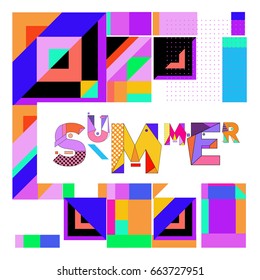 Trendy vector summer cards illustration with elements and abstract colorful textures. Design for holiday vacation poster, card, brochure, and promotion template. Fashion art print and background.