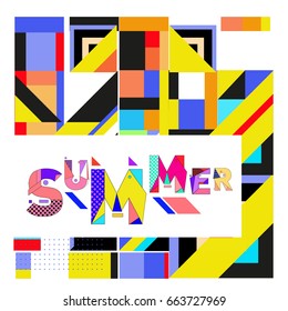 Trendy vector summer cards illustration with elements and abstract colorful textures. Design for holiday vacation poster, card, brochure, and promotion template. Fashion art print and background.