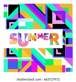 Trendy vector summer cards illustration with elements and abstract colorful textures. Design for holiday vacation poster, card, brochure, and promotion template. Fashion art print and background.