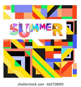 Trendy vector summer cards illustration with elements and abstract colorful textures. Design for holiday vacation poster, card, brochure, and promotion template. Fashion art print and background.