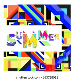 Trendy vector summer cards illustration with elements and abstract colorful textures. Design for holiday vacation poster, card, brochure, and promotion template. Fashion art print and background.