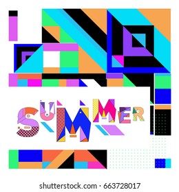 Trendy vector summer cards illustration with elements and abstract colorful textures. Design for holiday vacation poster, card, brochure, and promotion template. Fashion art print and background.