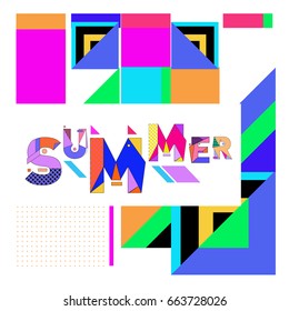 Trendy vector summer cards illustration with elements and abstract colorful textures. Design for holiday vacation poster, card, brochure, and promotion template. Fashion art print and background.