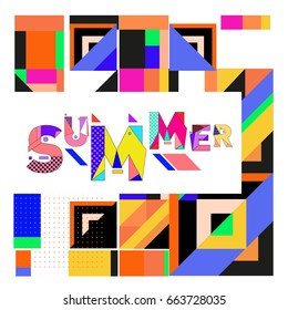 Trendy vector summer cards illustration with elements and abstract colorful textures. Design for holiday vacation poster, card, brochure, and promotion template. Fashion art print and background.