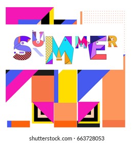 Trendy vector summer cards illustration with elements and abstract colorful textures. Design for holiday vacation poster, card, brochure, and promotion template. Fashion art print and background.
