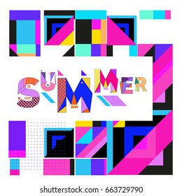 Trendy vector summer cards illustration with elements and abstract colorful textures. Design for holiday vacation poster, card, brochure, and promotion template. Fashion art print and background.
