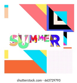 Trendy vector summer cards illustration with elements and abstract colorful textures. Design for holiday vacation poster, card, brochure, and promotion template. Fashion art print and background.