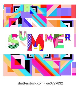 Trendy vector summer cards illustration with elements and abstract colorful textures. Design for holiday vacation poster, card, brochure, and promotion template. Fashion art print and background.