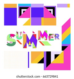 Trendy vector summer cards illustration with elements and abstract colorful textures. Design for holiday vacation poster, card, brochure, and promotion template. Fashion art print and background.