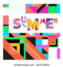 Trendy vector summer cards illustration with elements and abstract colorful textures. Design for holiday vacation poster, card, brochure, and promotion template. Fashion art print and background.
