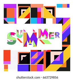 Trendy vector summer cards illustration with elements and abstract colorful textures. Design for holiday vacation poster, card, brochure, and promotion template. Fashion art print and background.