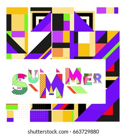 Trendy vector summer cards illustration with elements and abstract colorful textures. Design for holiday vacation poster, card, brochure, and promotion template. Fashion art print and background.