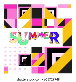 Trendy vector summer cards illustration with elements and abstract colorful textures. Design for holiday vacation poster, card, brochure, and promotion template. Fashion art print and background.