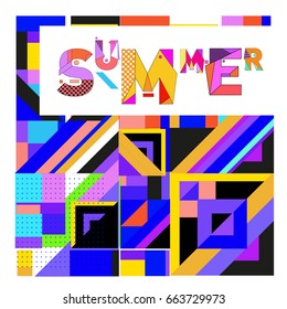 Trendy vector summer cards illustration with elements and abstract colorful textures. Design for holiday vacation poster, card, brochure, and promotion template. Fashion art print and background.