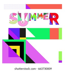 Trendy vector summer cards illustration with elements and abstract colorful textures. Design for holiday vacation poster, card, brochure, and promotion template. Fashion art print and background.