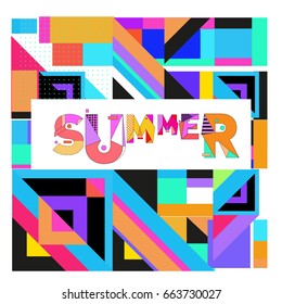 Trendy vector summer cards illustration with elements and abstract colorful textures. Design for holiday vacation poster, card, brochure, and promotion template. Fashion art print and background.