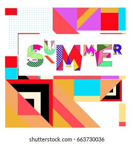 Trendy vector summer cards illustration with elements and abstract colorful textures. Design for holiday vacation poster, card, brochure, and promotion template. Fashion art print and background.