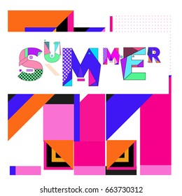 Trendy vector summer cards illustration with elements and abstract colorful textures. Design for holiday vacation poster, card, brochure, and promotion template. Fashion art print and background.